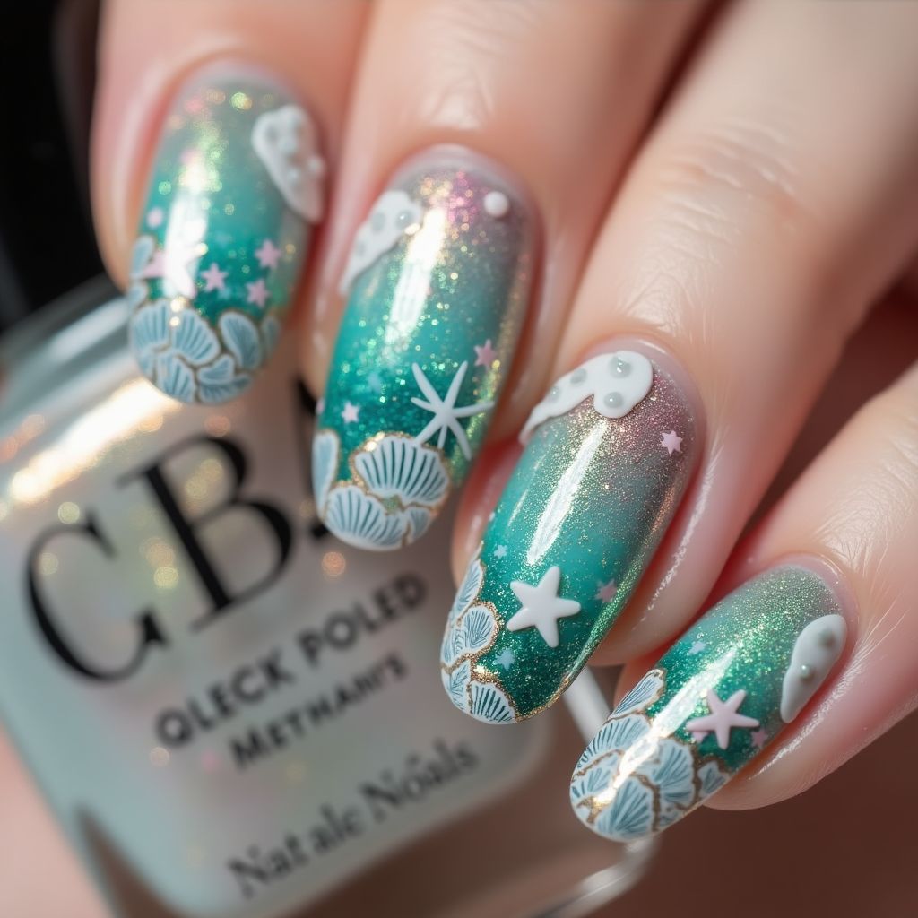 Round Mermaid Powder Nail Design