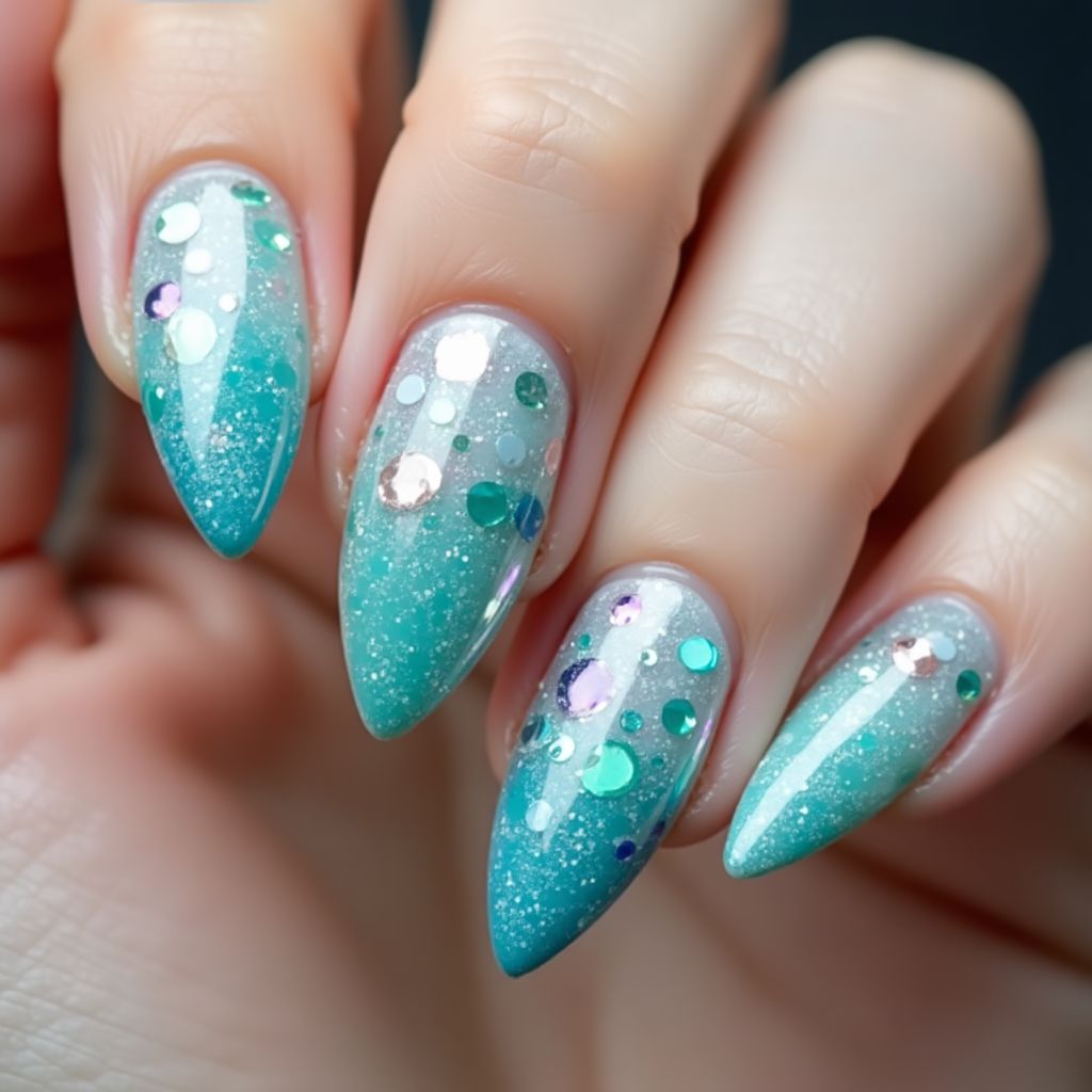 Stiletto Mermaid Powder Nail Design