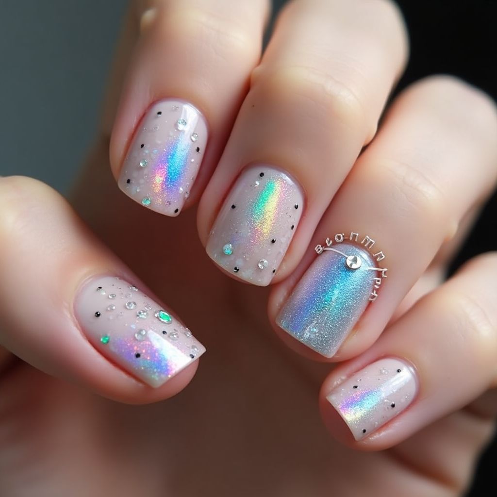 Round Holo Powder Nail Design