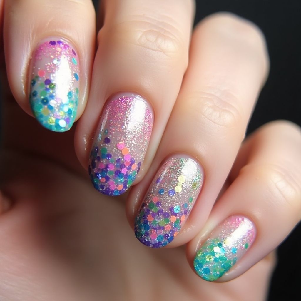 Round Glitter Flakes Nail Design