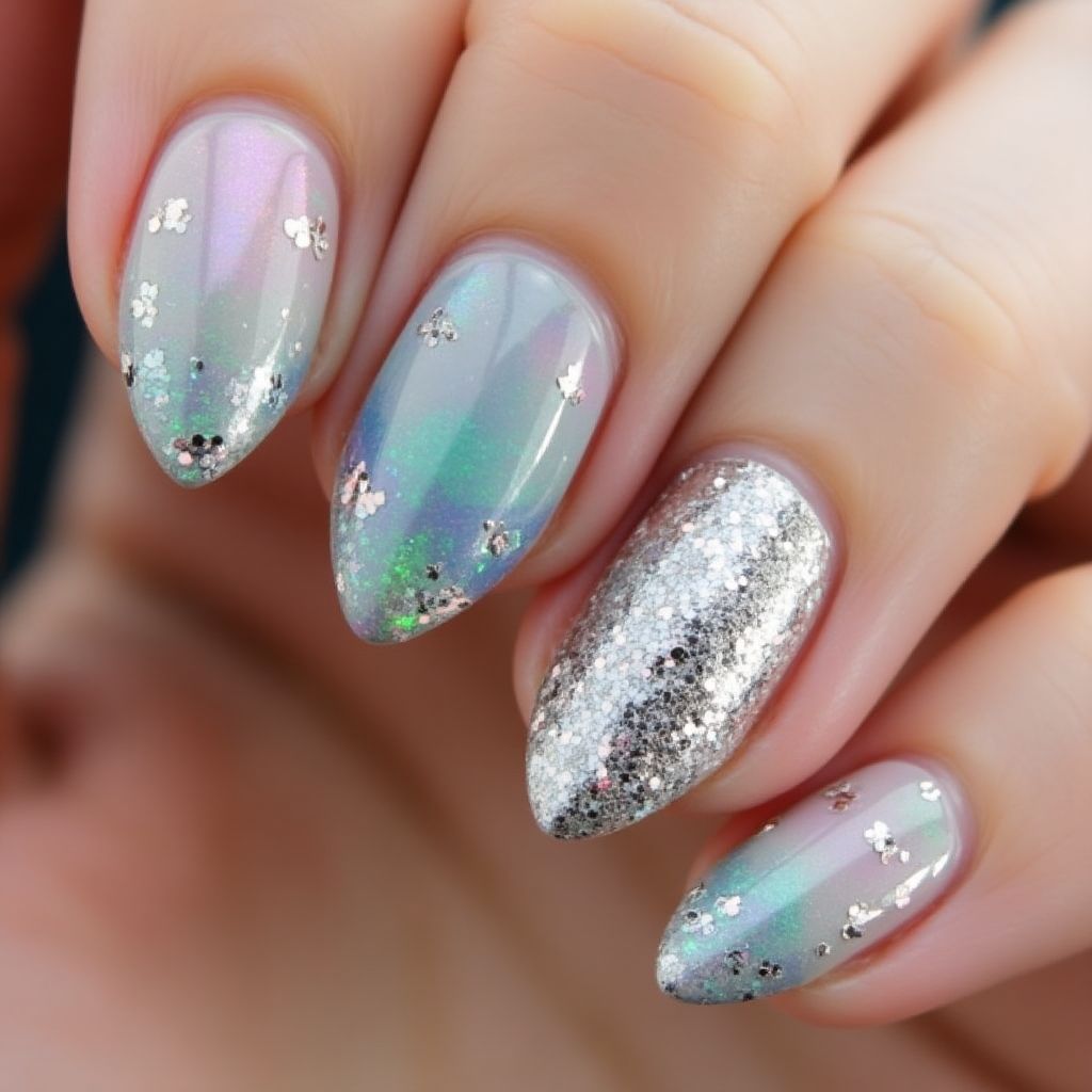 Almond Glitter powder Nail Design