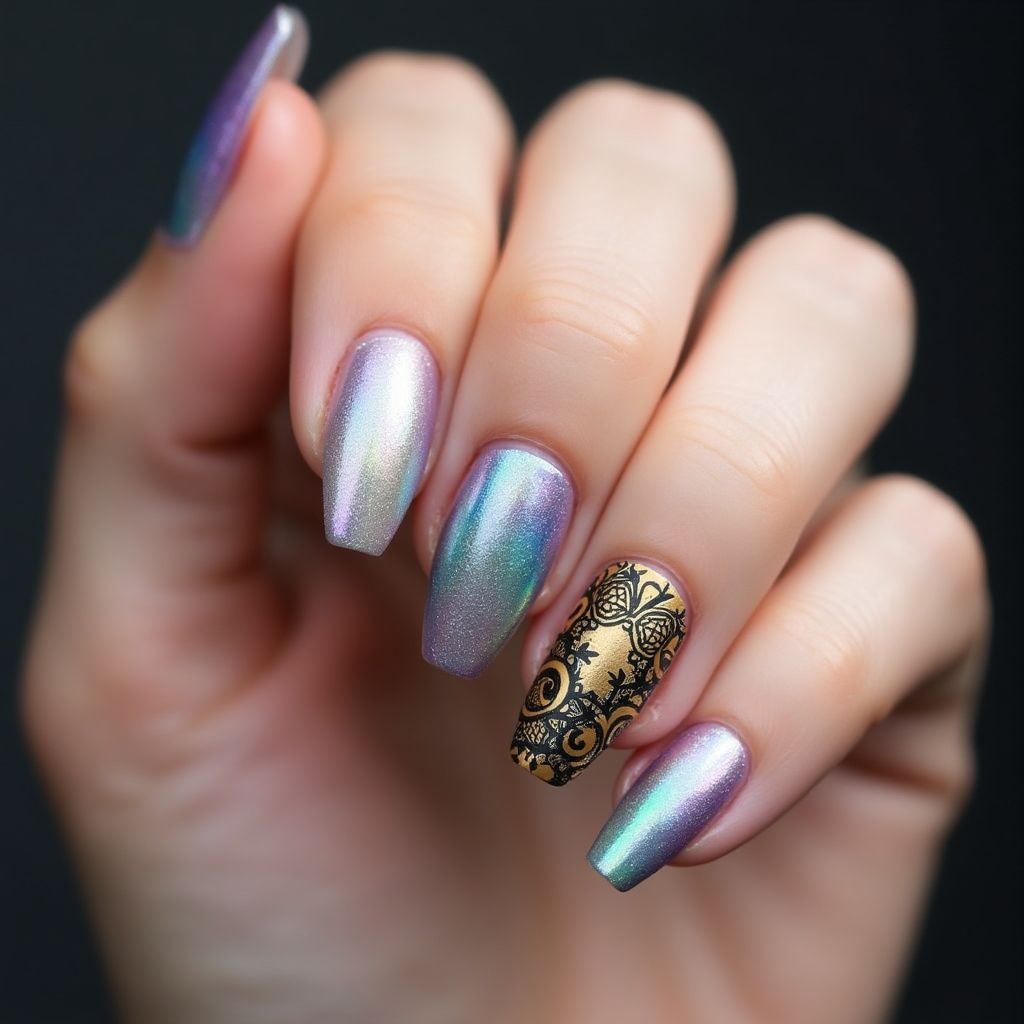 Coffin Holo Powder Nail Design