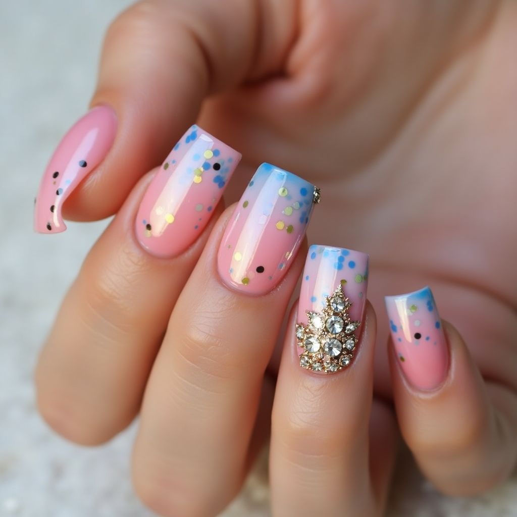 Square Rhinestones Nail Design