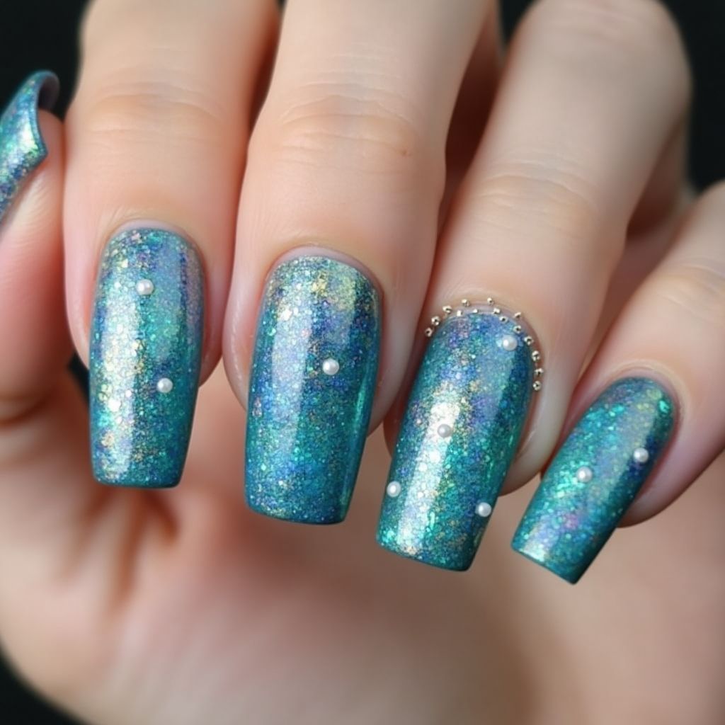 Mermaid Powder Square Nail Design