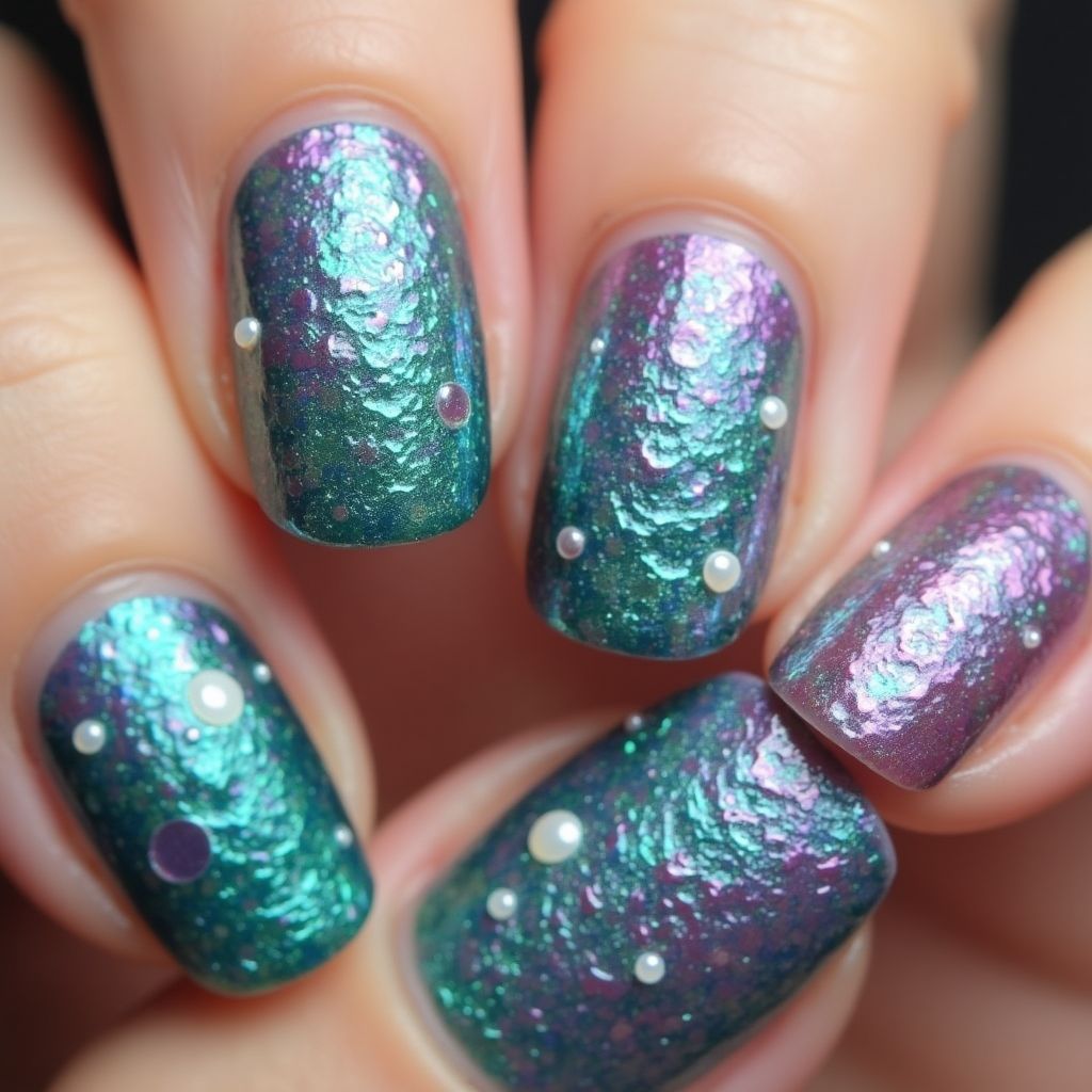 Round Mermaid Powder Nail Design