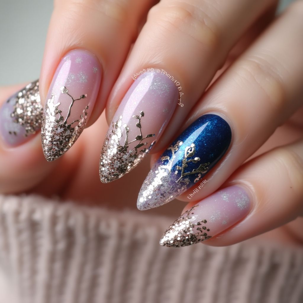 Glitter Powder Almond Nail Design