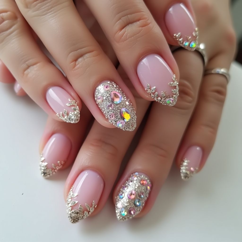 Almond Rhinestones Nail Design