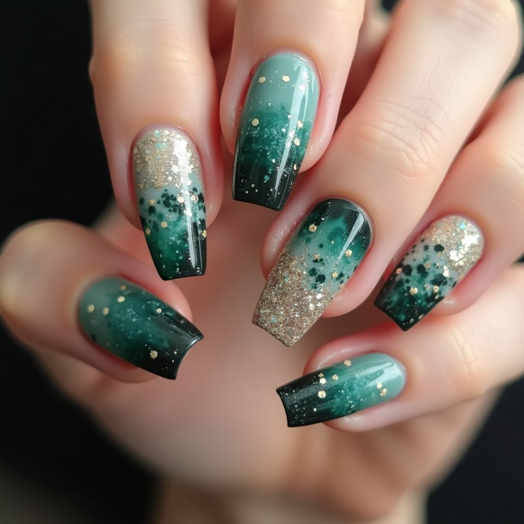 Coffin Glitter Powder Nail Design