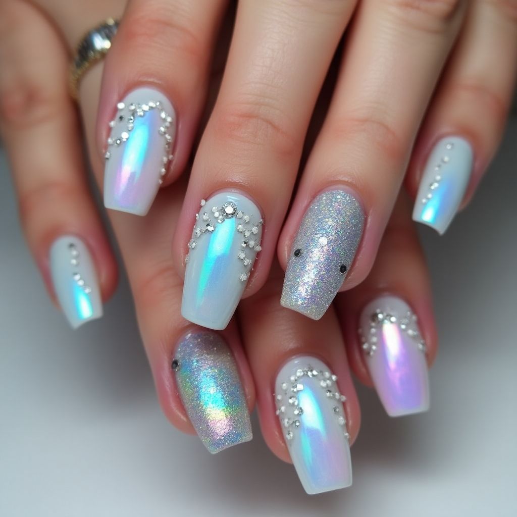 Coffin Holo Powder Nail Design