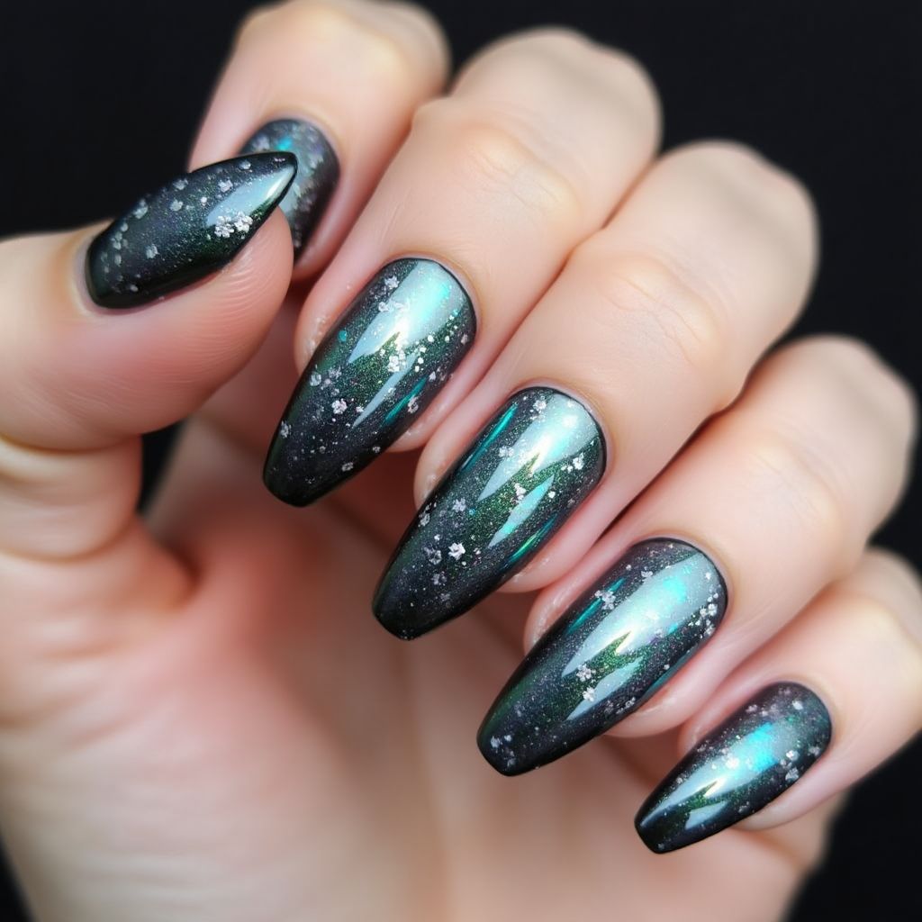 Coffin Chrome Powder Nail Design