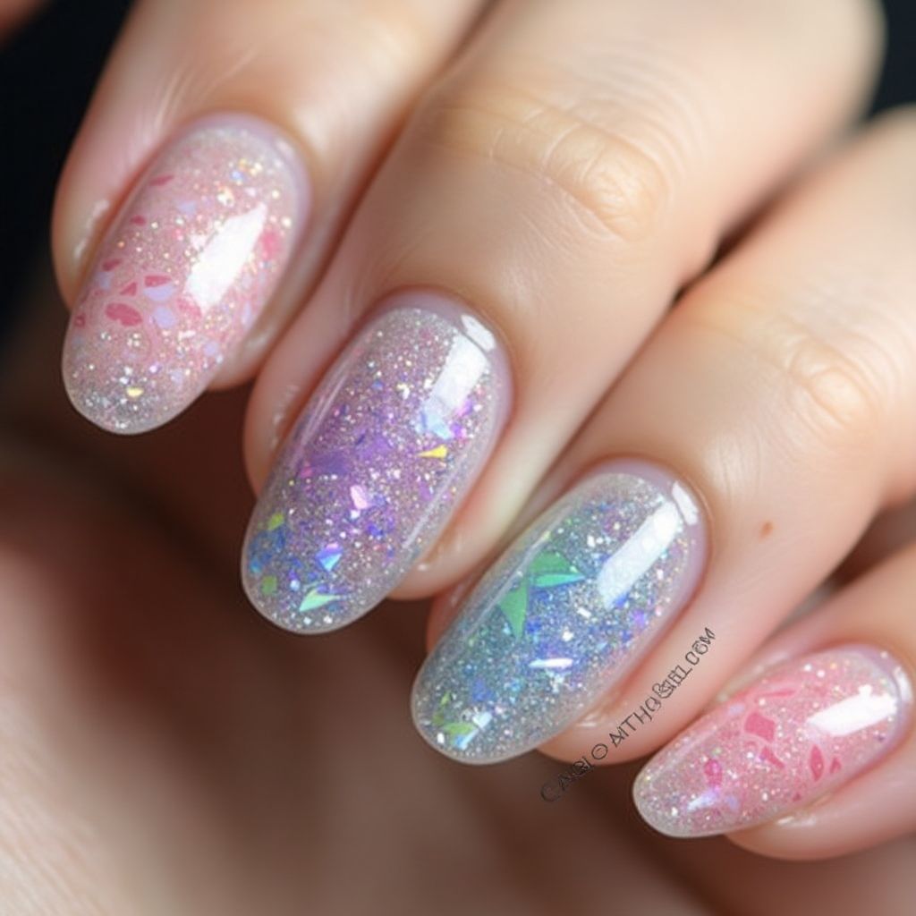 Round Holo Powder Nail Design