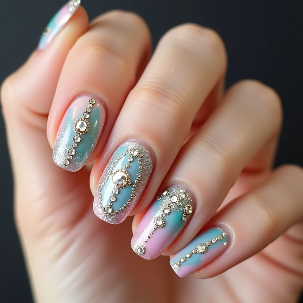 Round Rhinestones Nail Design
