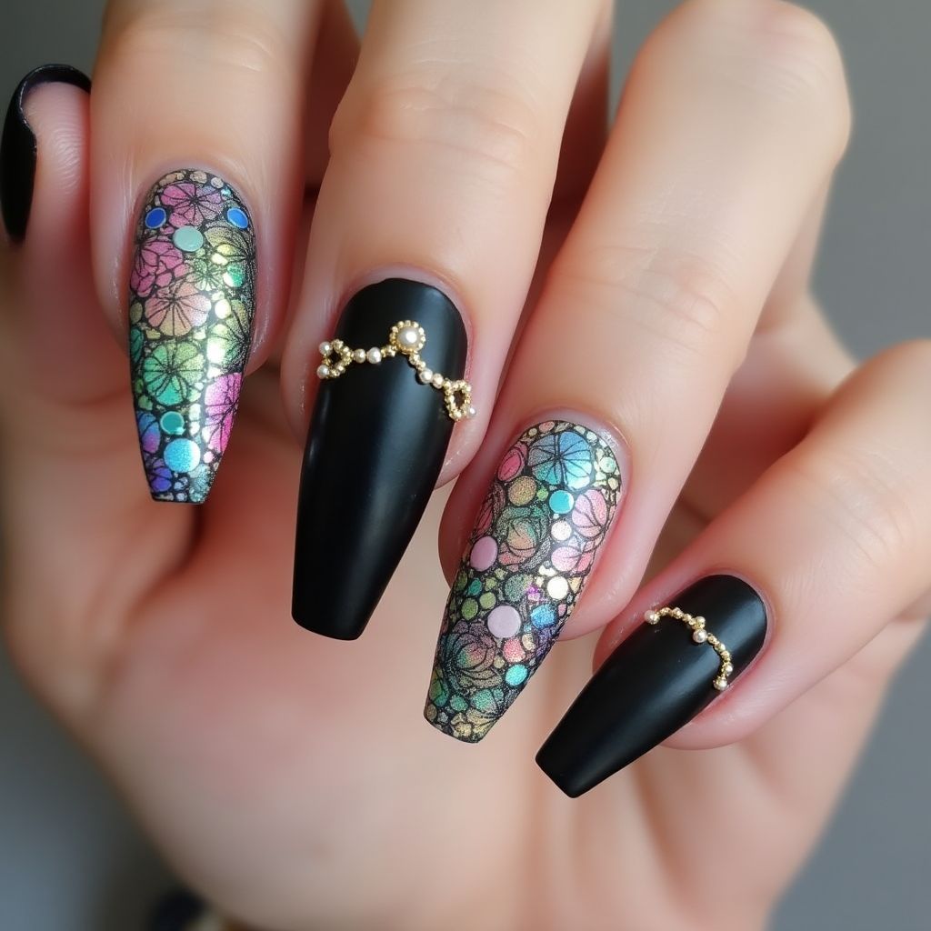 Coffin Caviar Beads Nail Design