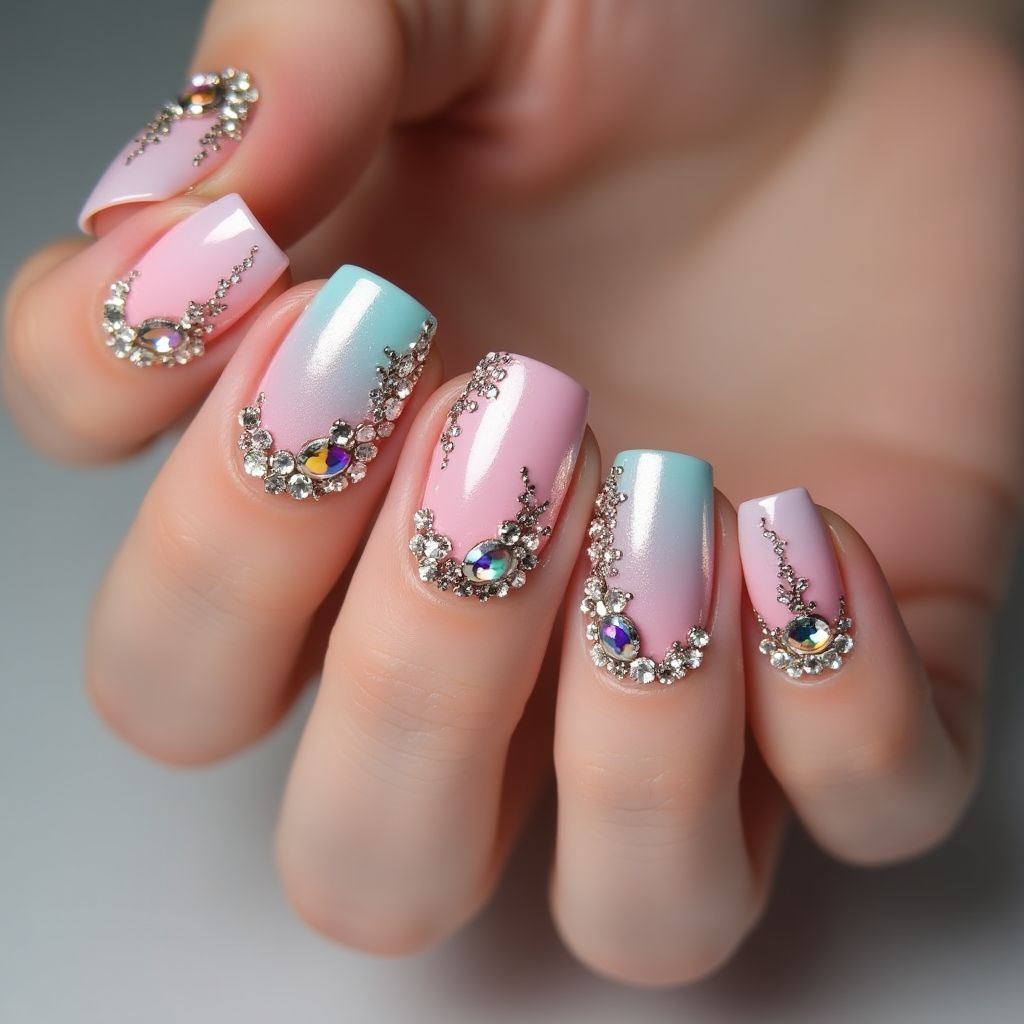 Round Rhinestones Nail Design