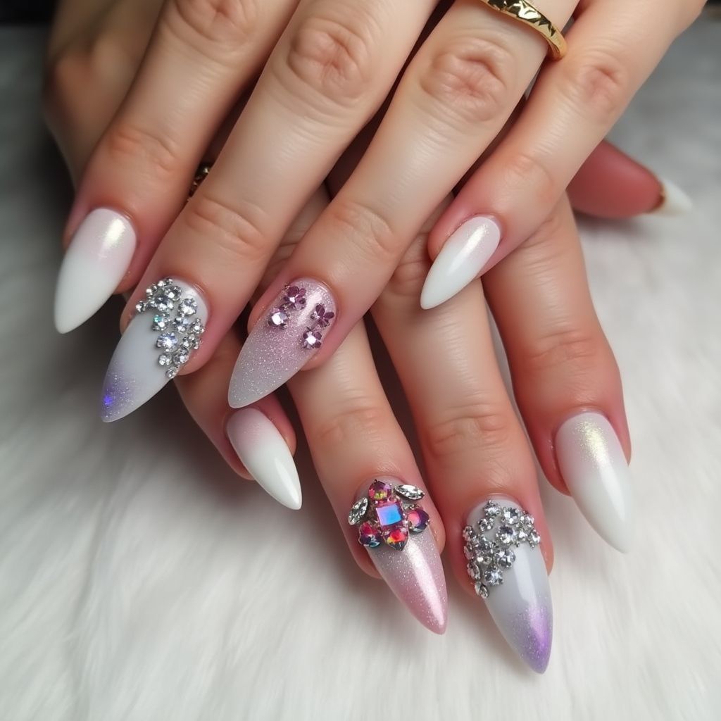Almond Rhinestones Nail Design