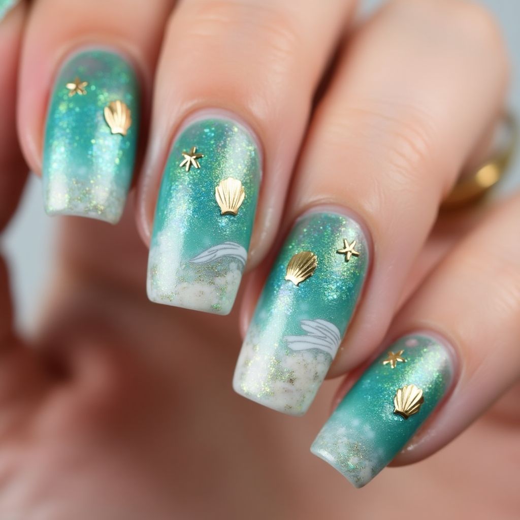 Square Mermaid Powder Nail Design