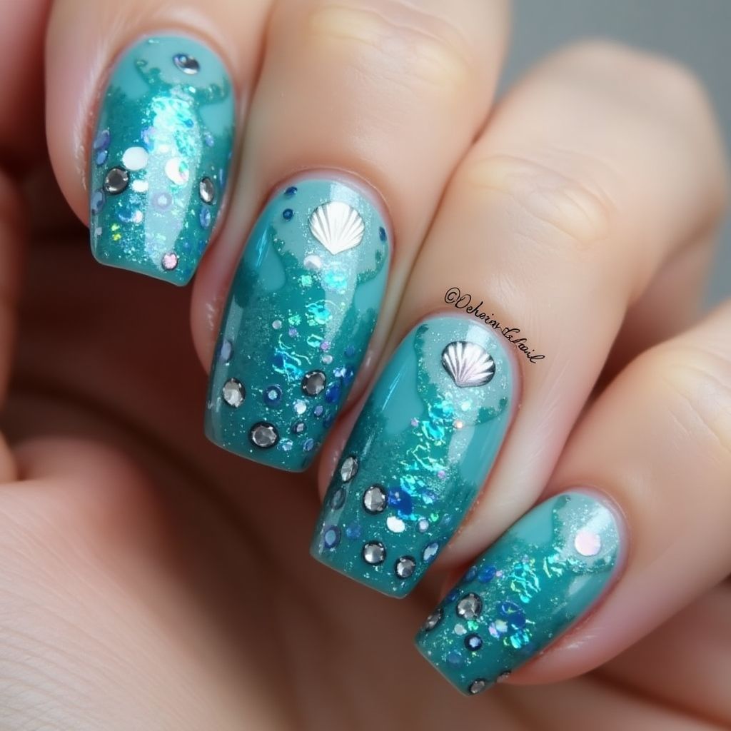 Mermaid Powder Coffin Nail Design