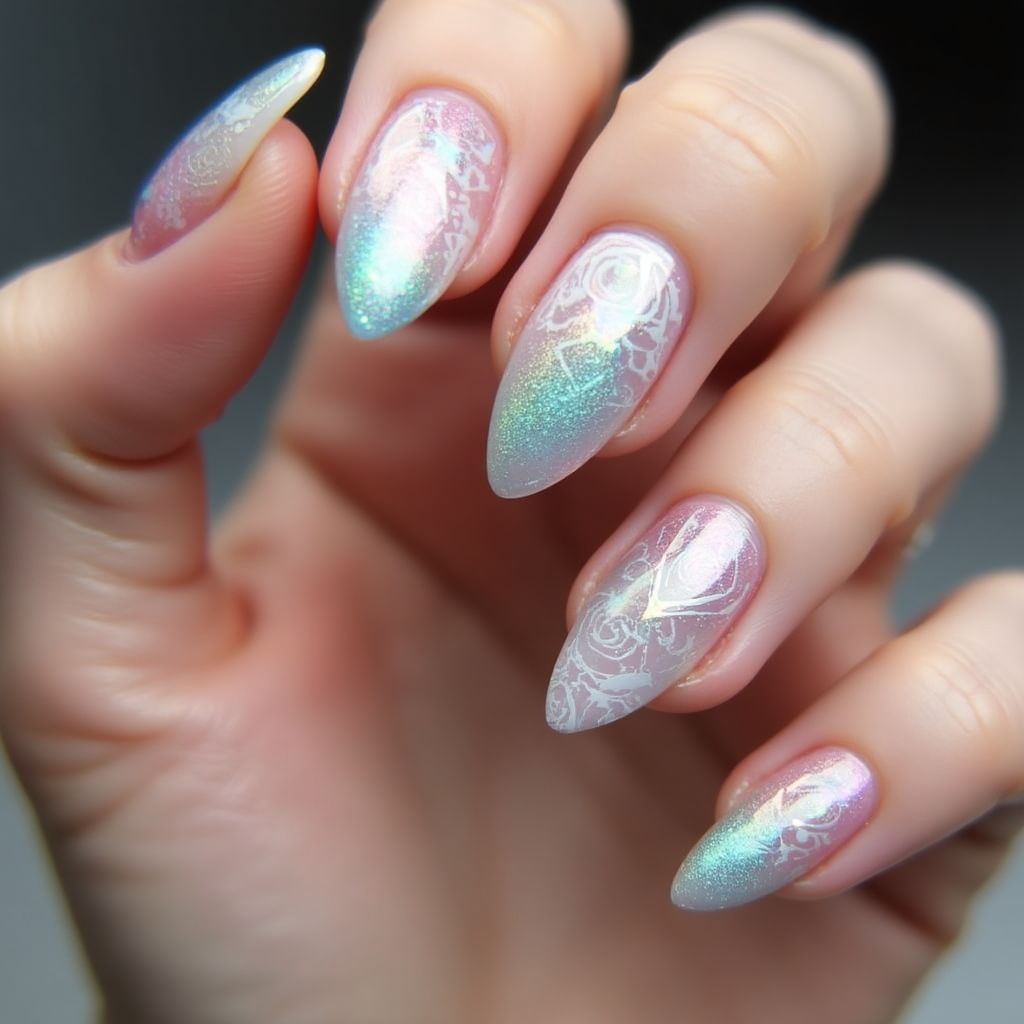 Almond Holo Powder Nail Design