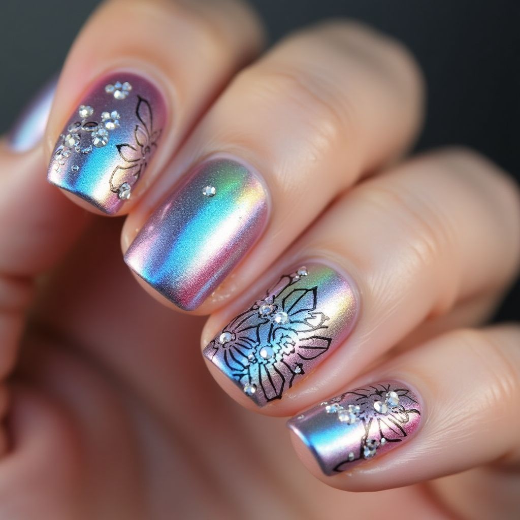 Holo Powder Round Nail Design