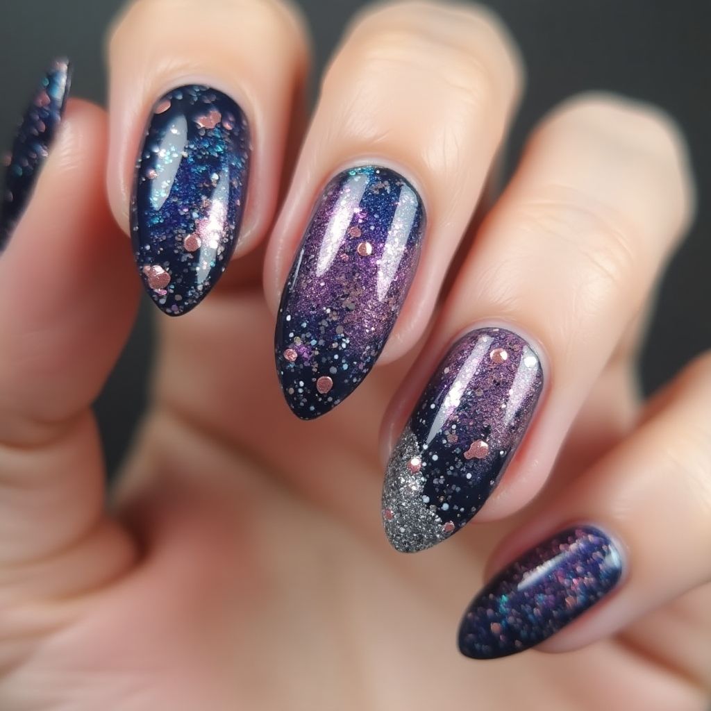 Glitter Powder Almond Nail Design
