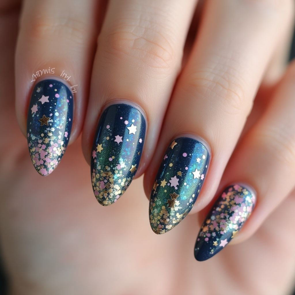 Glitter Flakes Almond Nail Design