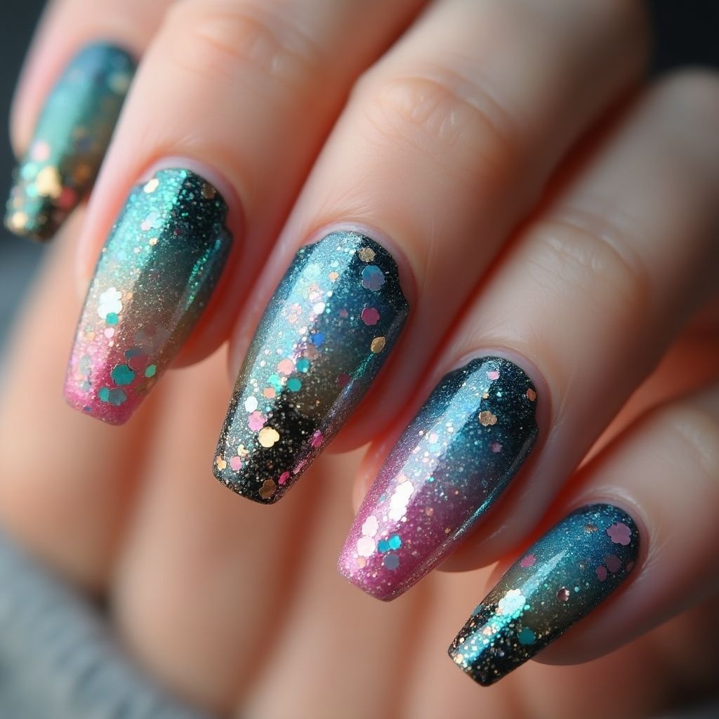 Coffin Glitter Flakes Nail Design