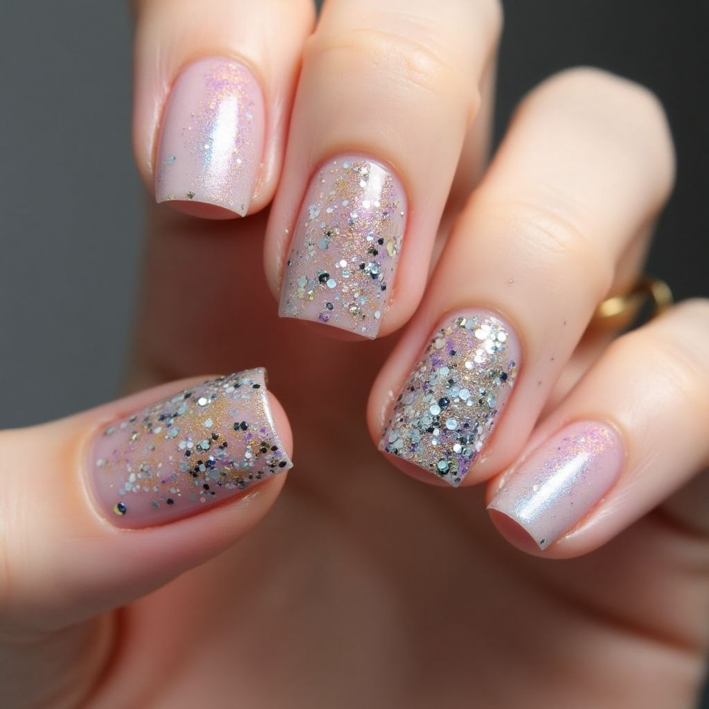 Square Glitter Flakes Nail Design