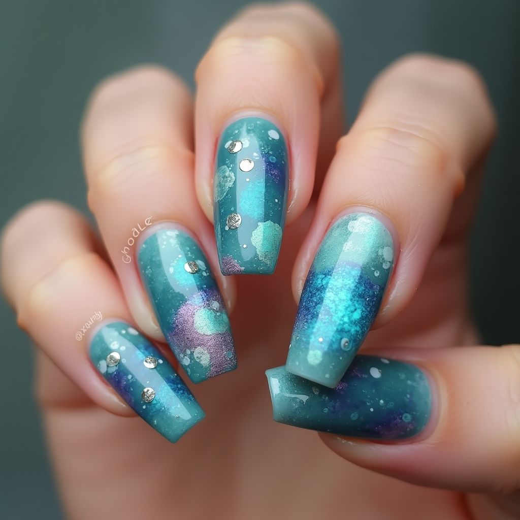Coffin Mermaid Powder Nail Design