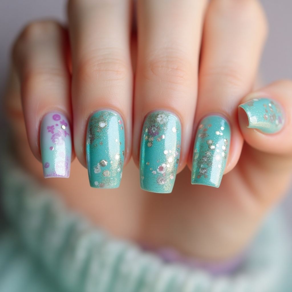 Square Mermaid Powder Nail Design