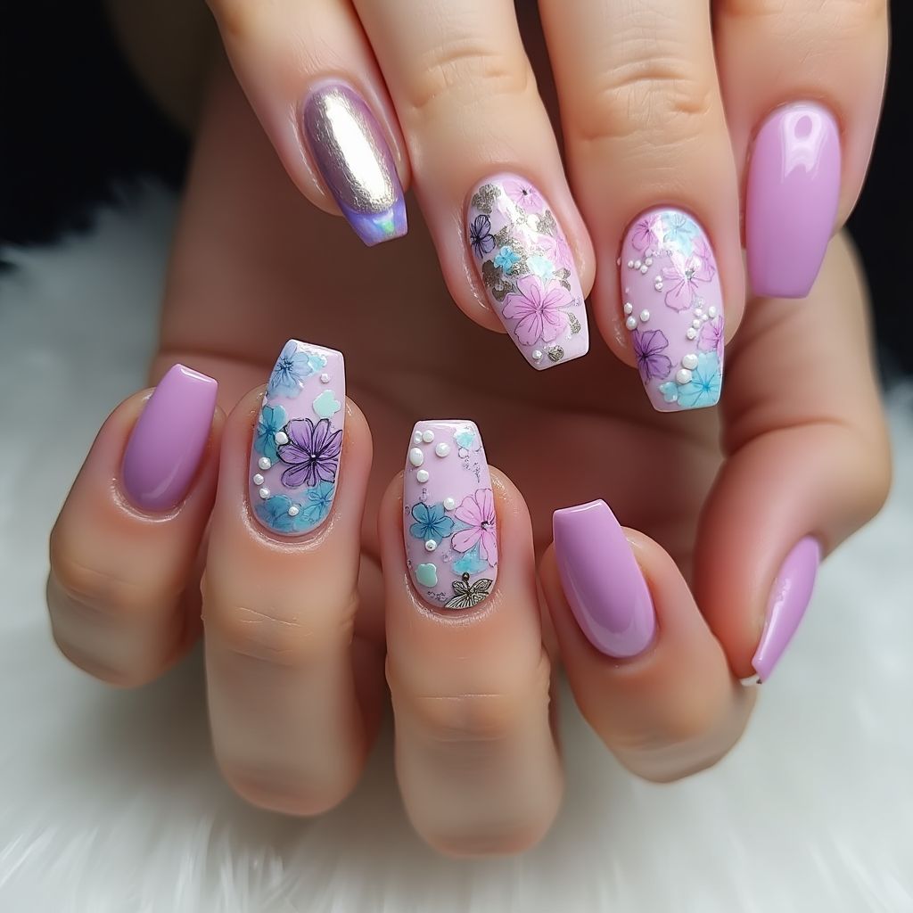 Coffin Acrylic Colors Nail Design