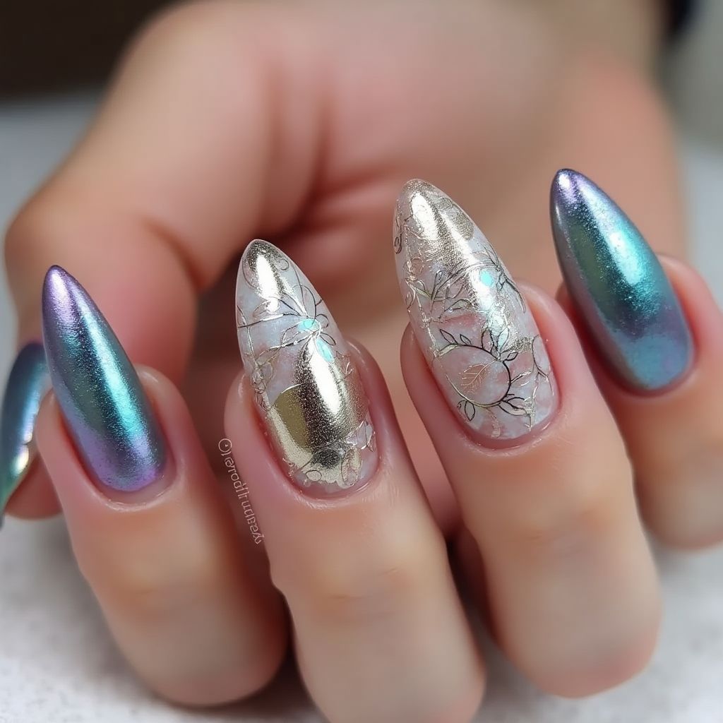 Almond Chrome Powder Nail Design