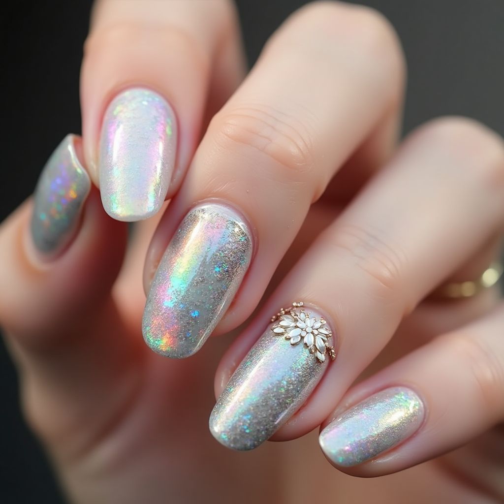 Round Holo Powder Nail Design