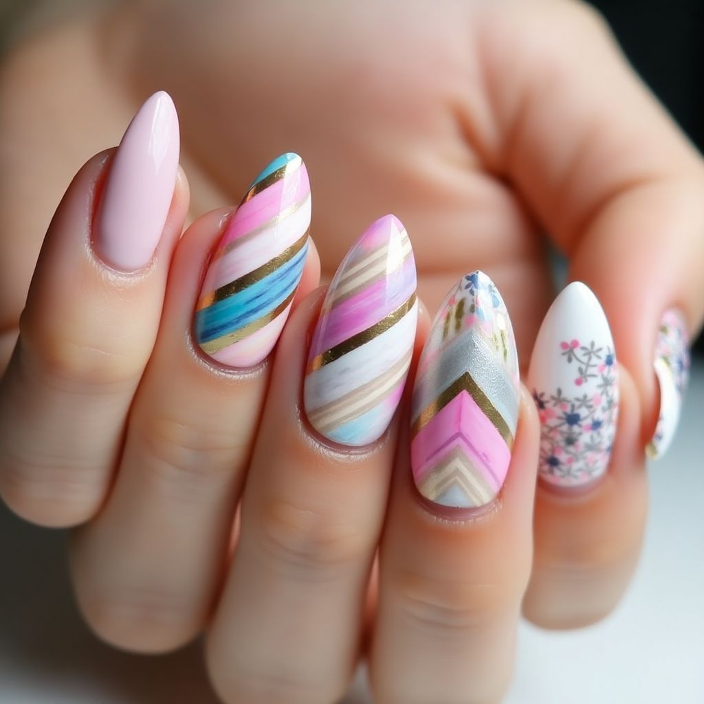 Almond Striping Tape Nail Design