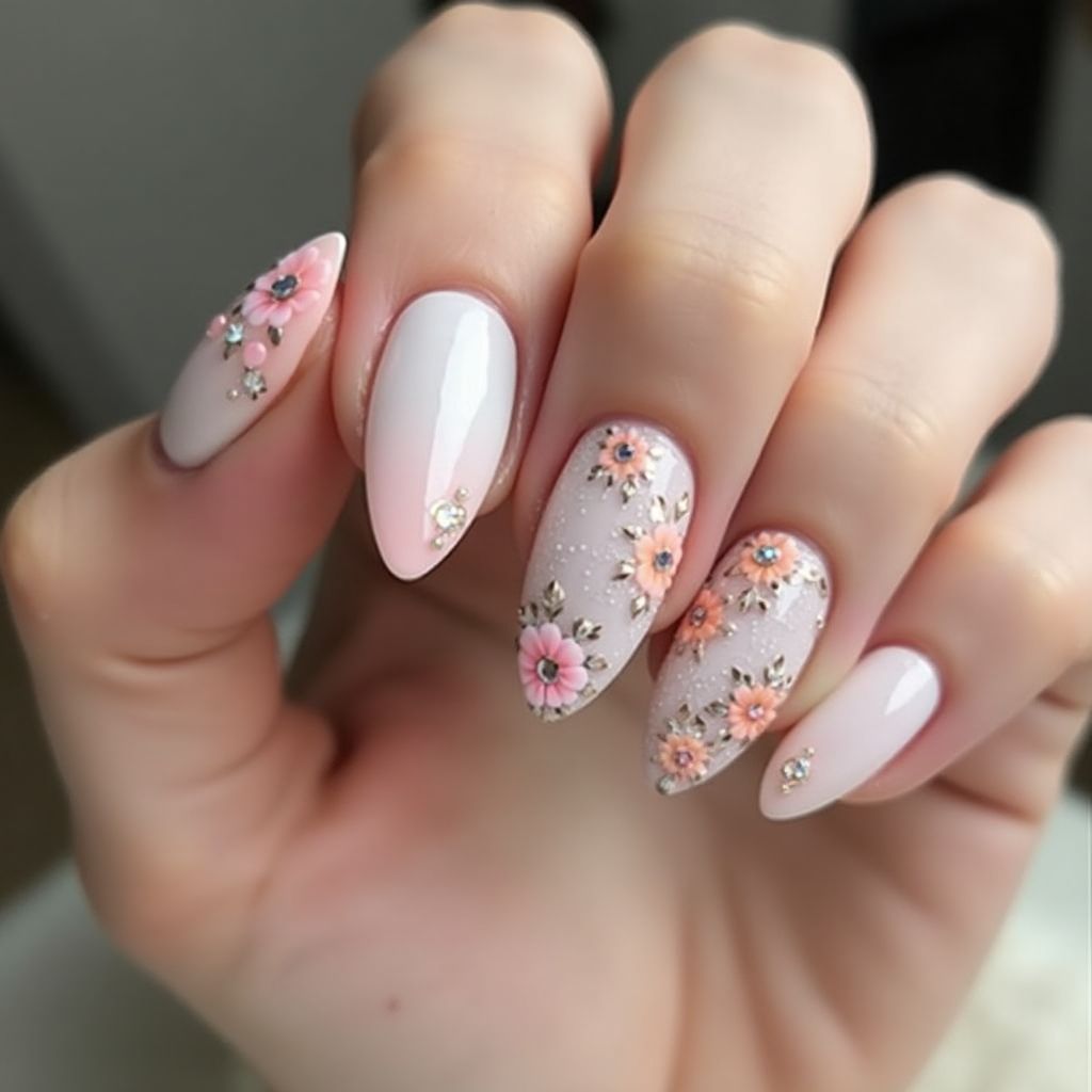 Almond Rhinestones Nail Design