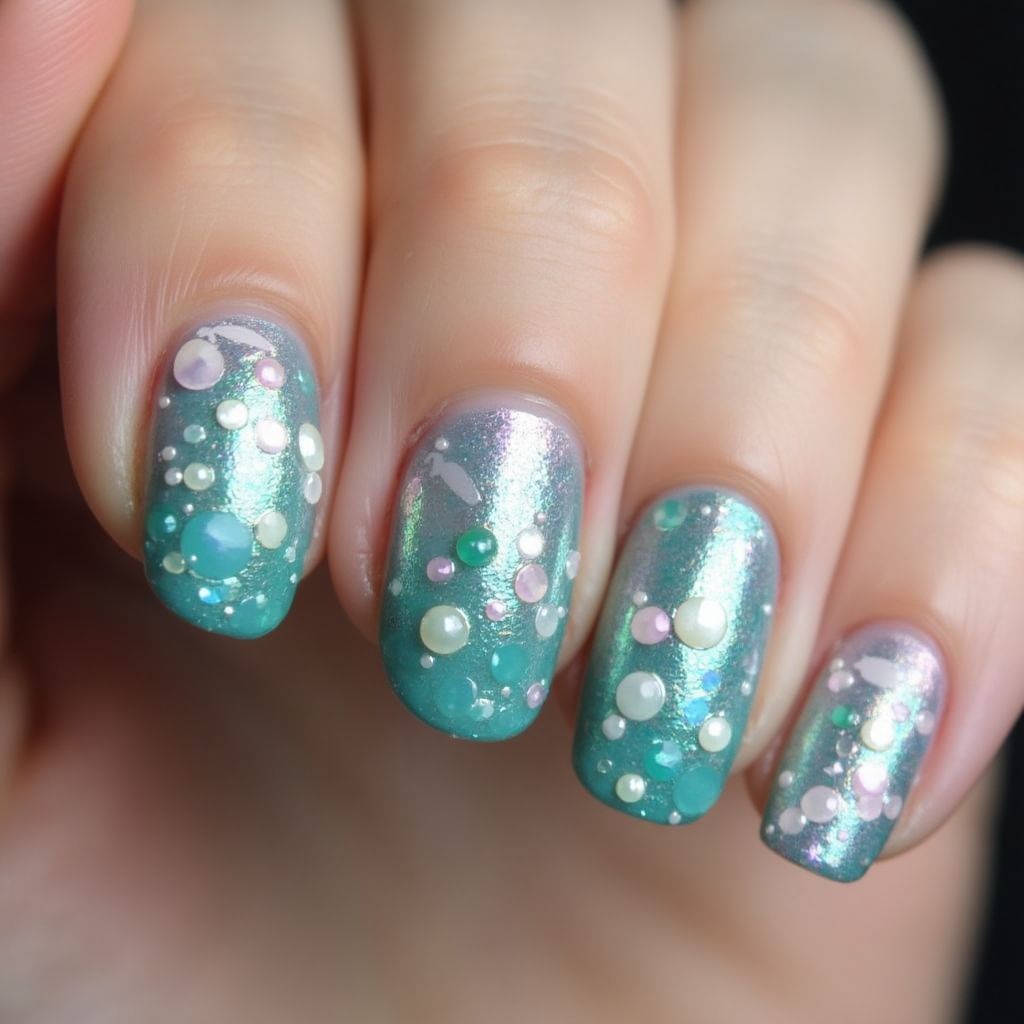 Round Mermaid Powder Nail Design