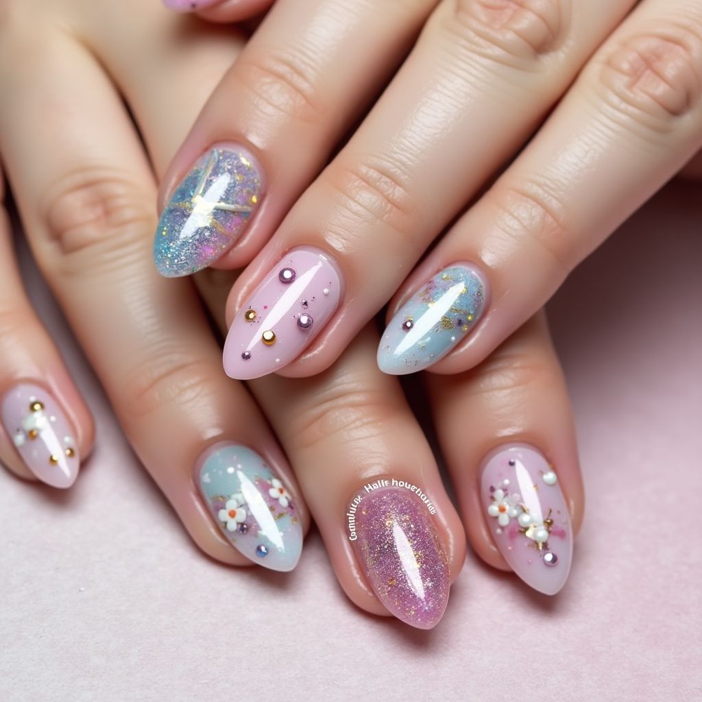 Almond Glitter Powder Nail Design