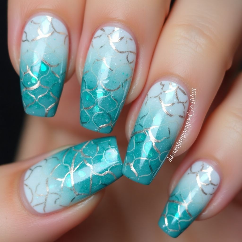 Coffin Mermaid Powder Nail Design