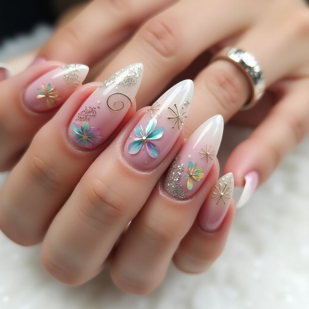 Almond Glitter Powder Nail Design