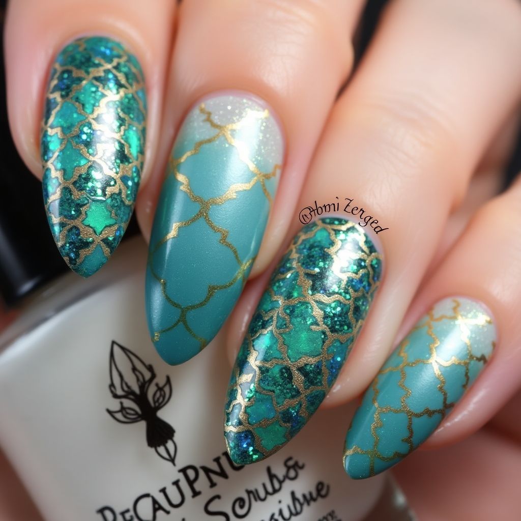Almond Mermaid Powder Nail Design