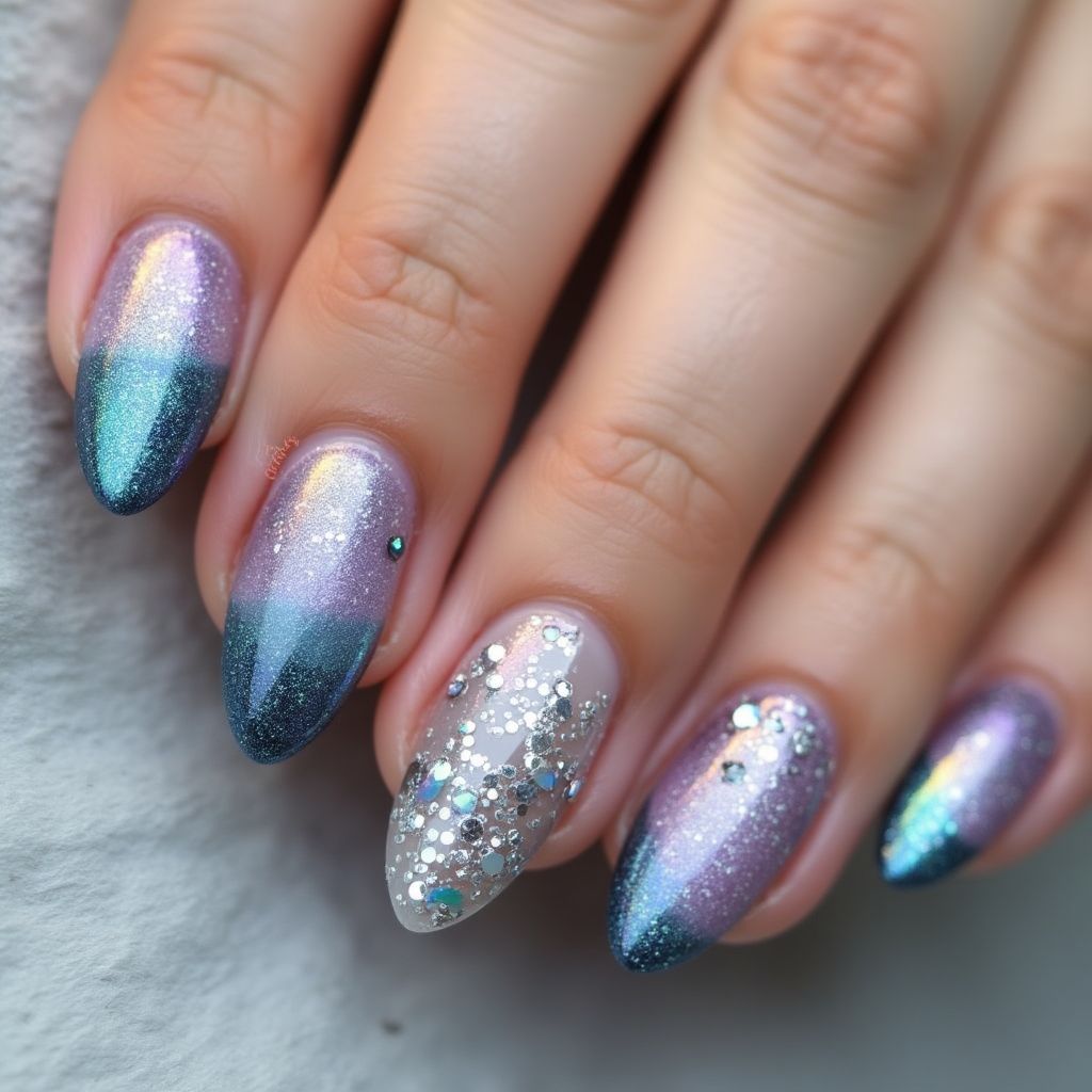 Almond Holo Powder Nail Design