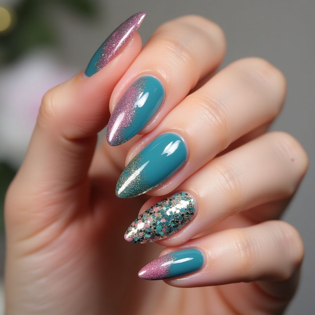 Almond Sequins Nail Design