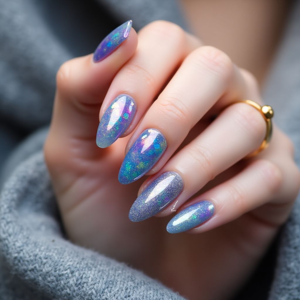 Almond Holo Powder Nail Design