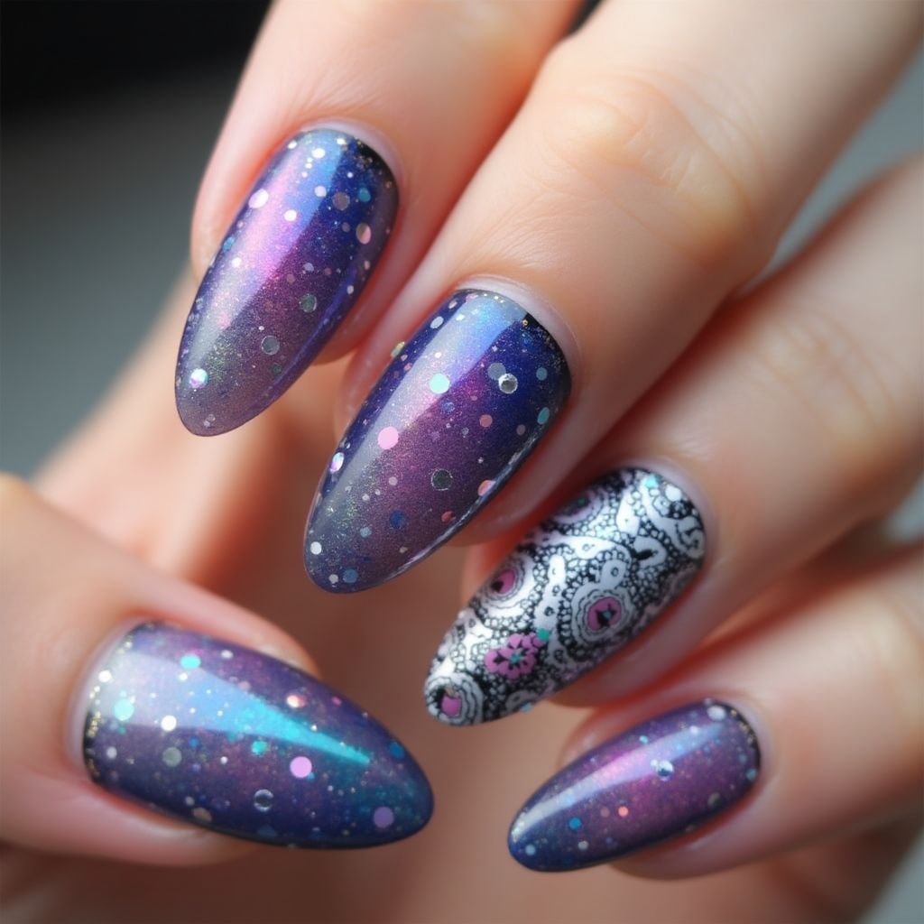 Almond Holo Powder Nail Design