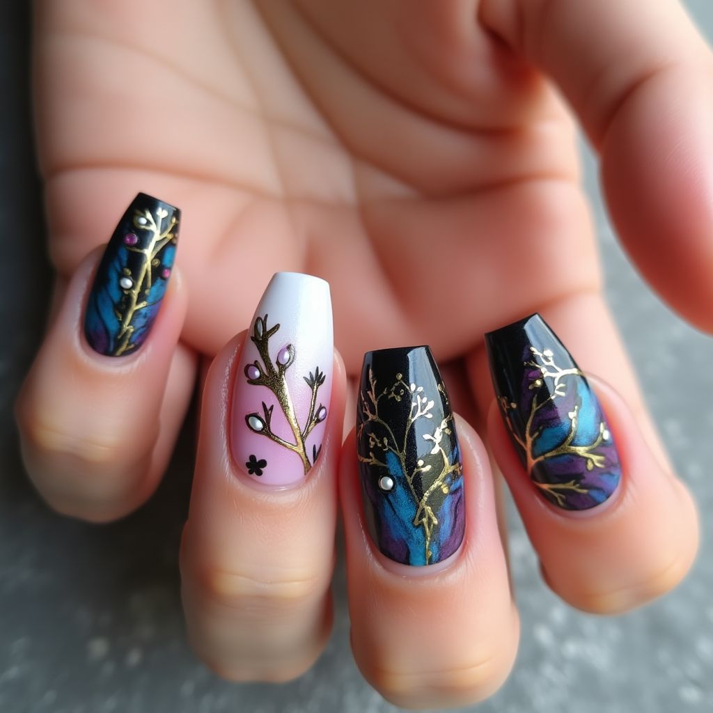 Coffin Acrylic Colors Nail Design