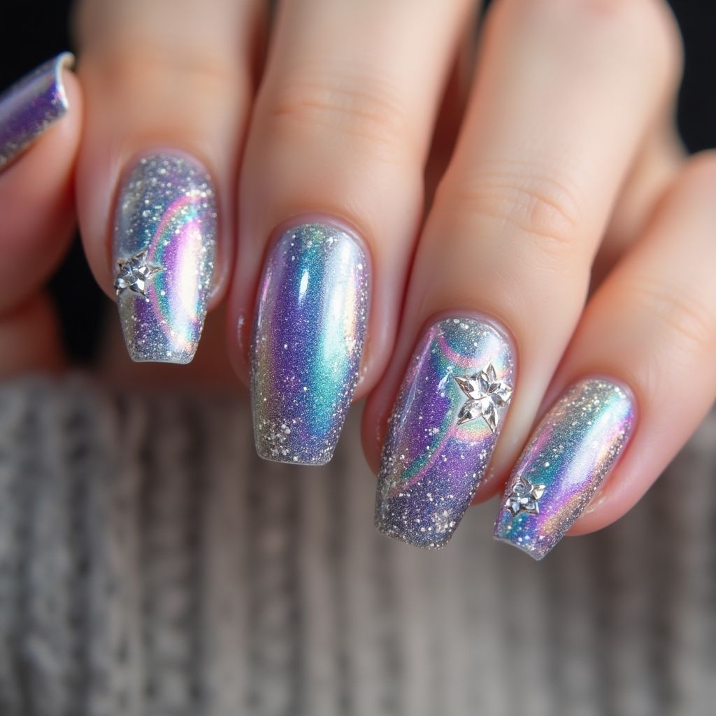 Coffin Holo Powder Nail Design