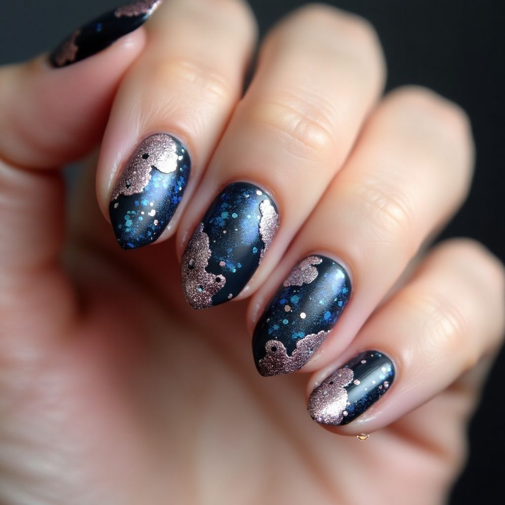 Coffin Glitter Flakes Nail Design