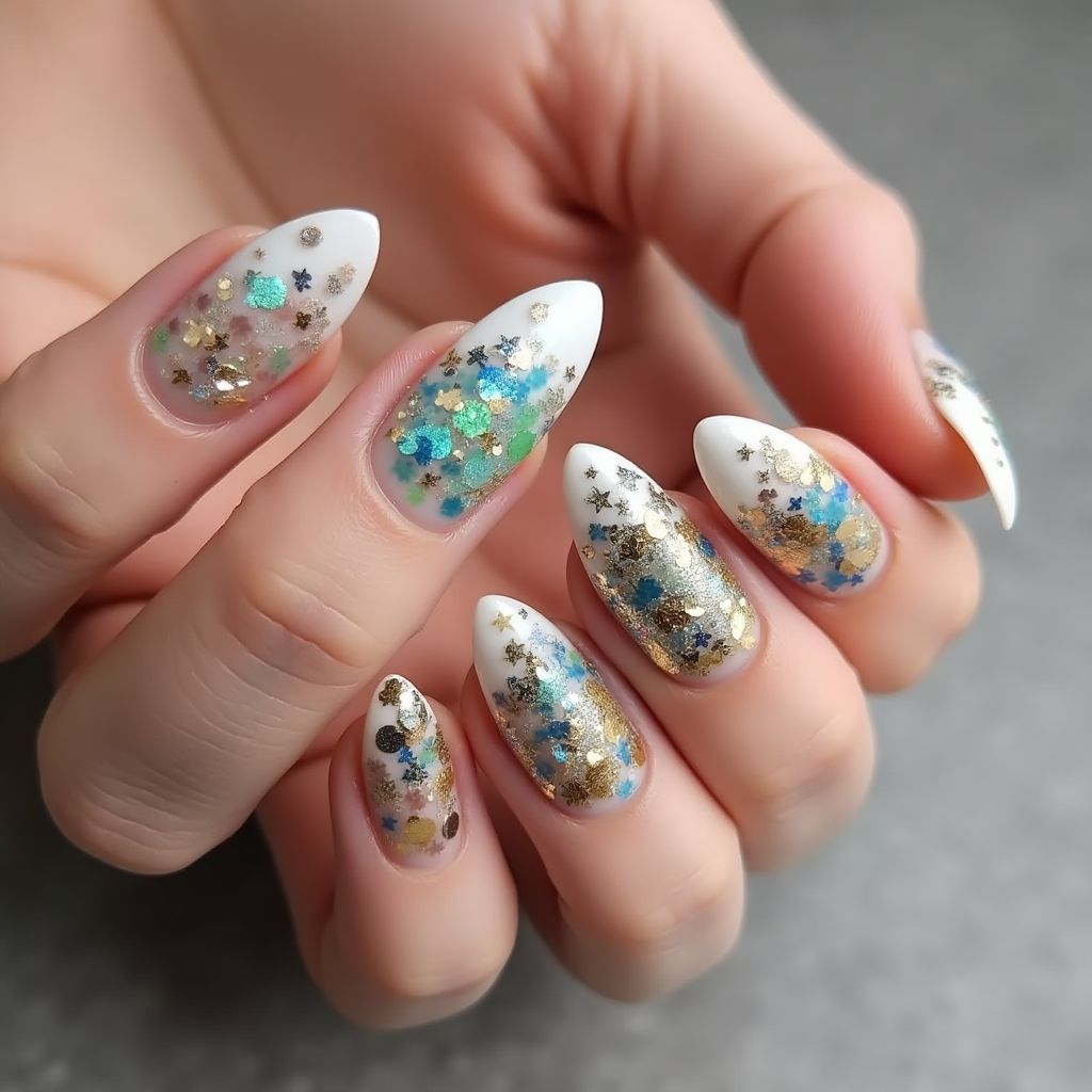 Almond Glitter Flakes Nail Design