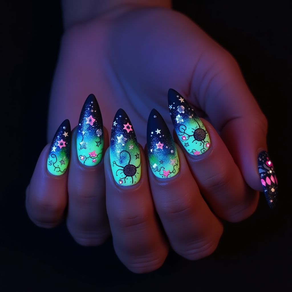 Stiletto Glow In The Dark Polish Nail Design