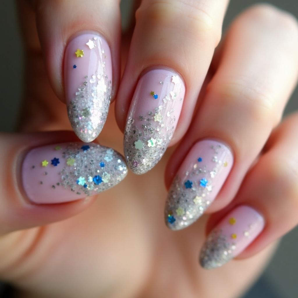 Almond Glitter flakes Nail Design