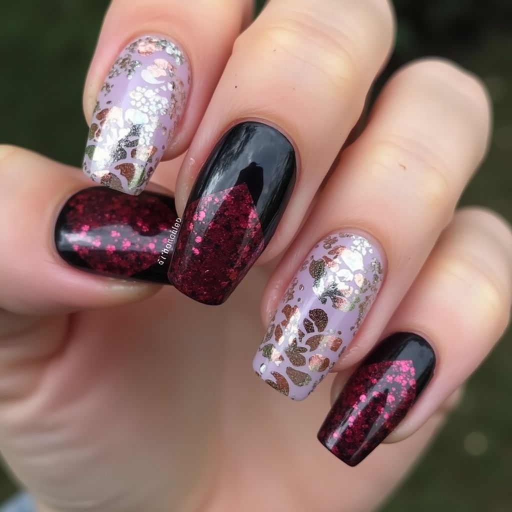 Coffin Glitter Powder Nail Design